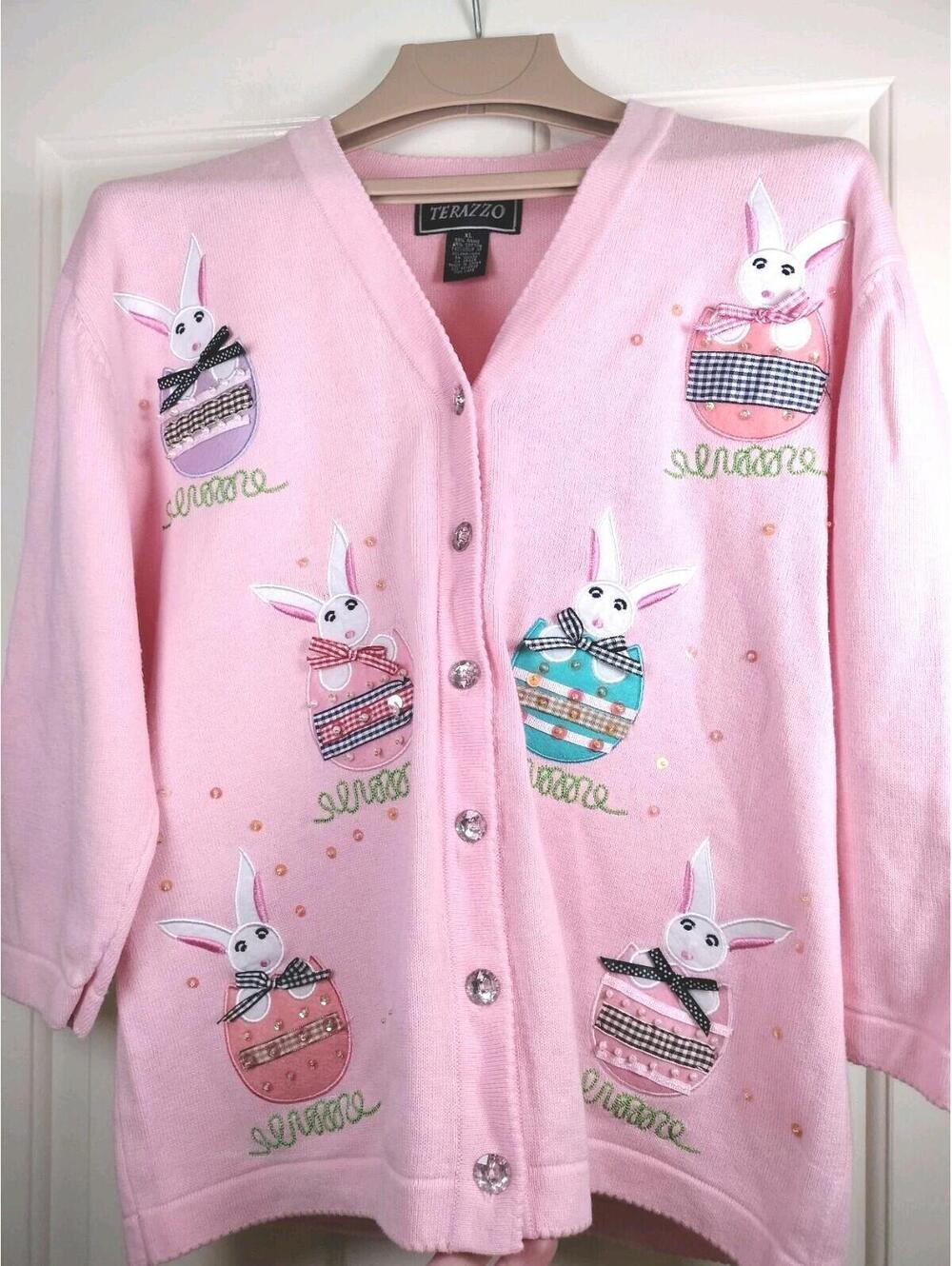 VTG Terazzo Easter Bunny Cardigan‎ Sweater XL Pink Beaded Appliqué Grandmacore
